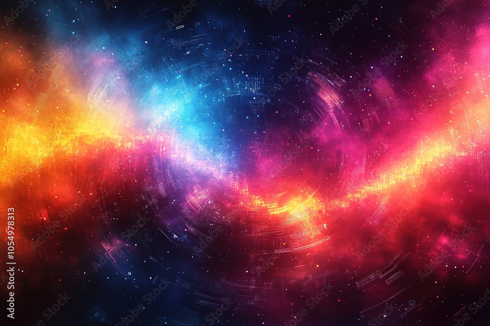 Fototapeta premium Abstract cosmic background with swirling nebulae in vibrant red, blue, and yellow hues.