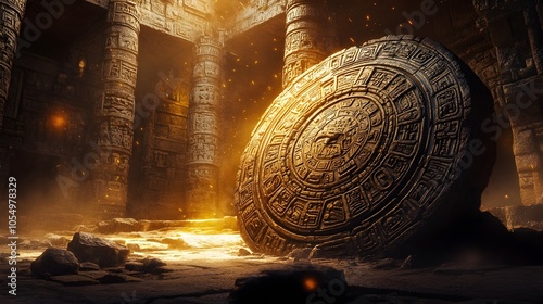 Majestic Aztec Calendar Stone in Dimly Lit Ancient Temple with Ornate Details