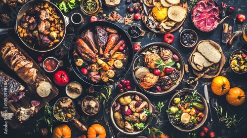 Joyful Family Gathering Around a Dining Table Full of Food