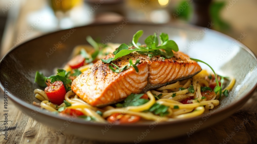 A luscious plate of pasta with a perfectly cooked salmon fillet, seasoned with fresh herbs A luscious plate of pasta with a perfectly cooked salmon fillet, seasoned with fresh herbs