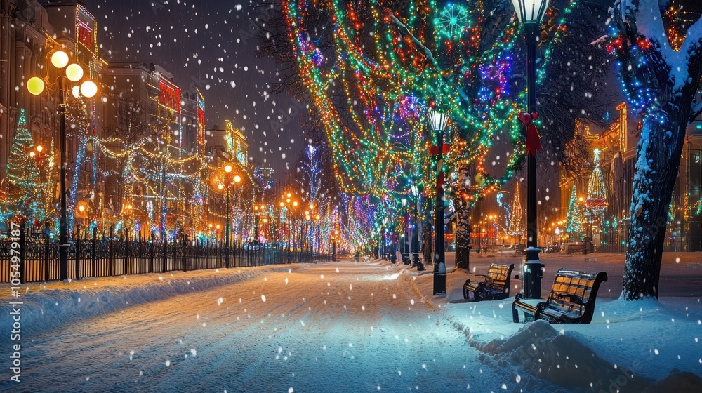 Enchanting festive decorations illuminate a quaint street Enchanting festive decorations illuminate a quaint street