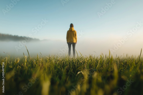 A person stands alone in a foggy field at dawn, surrounded by tall grass and soft morning light