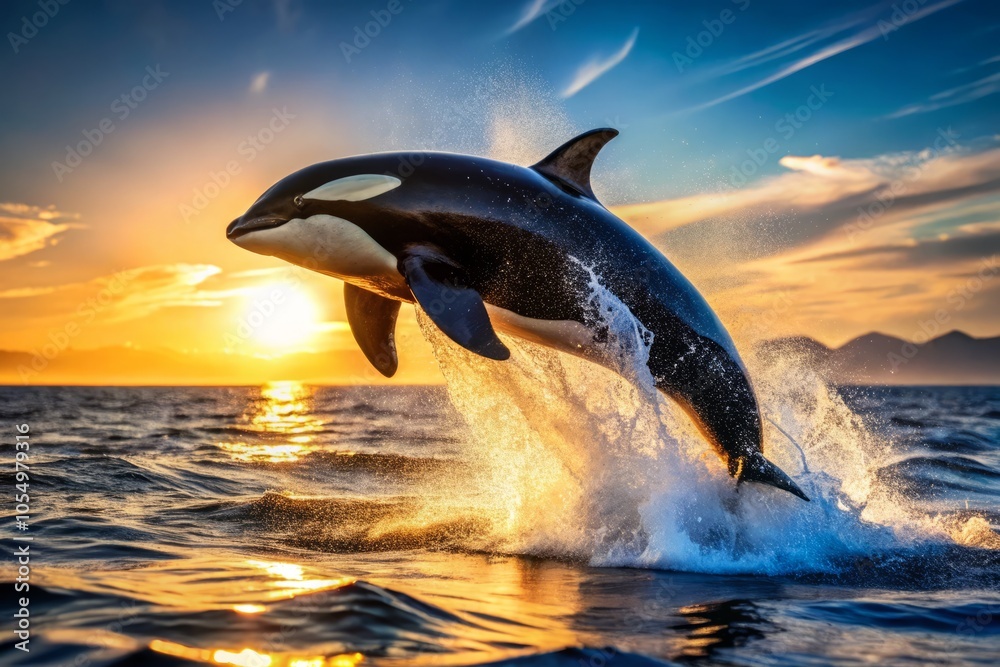 Fototapeta premium A breathtaking orca leaps from the ocean’s surface, showcasing majestic marine life. This stunning wildlife moment captures the thrill of nature in vivid detail.