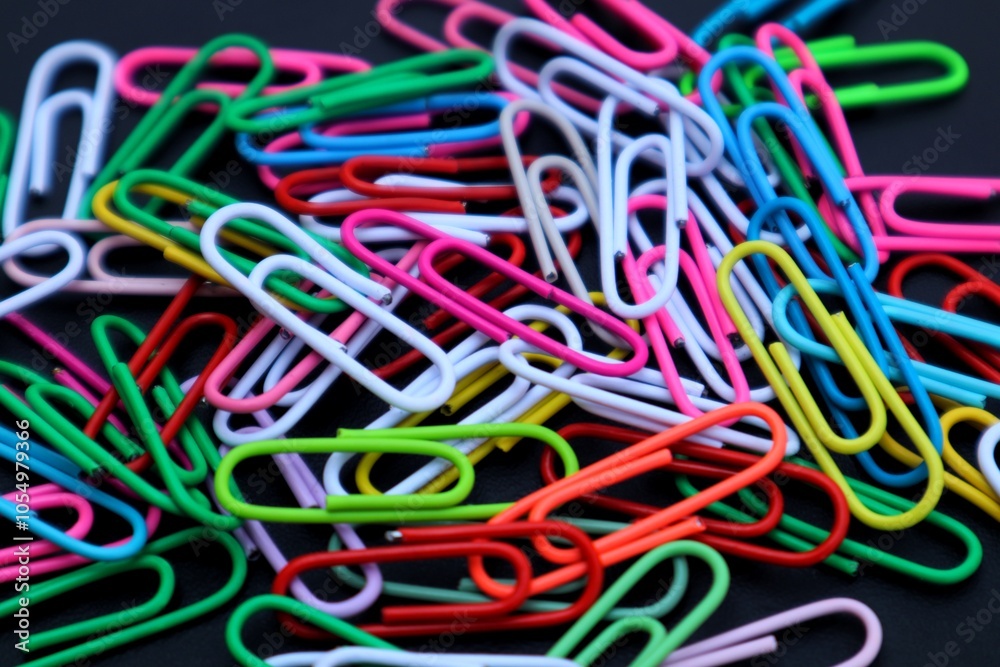 Background and texture of a Pile of colorful elliptical paper clips on a dark background, close up view. Background and texture of a Pile of colorful elliptical paper clips on a dark background, close up view.