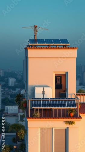 Balcony power plant on a terrace on the upper floor solar panel Ultra realistic Photorealistic  photo