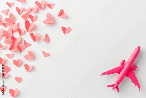 Pink Airplane with Hearts on a White Background