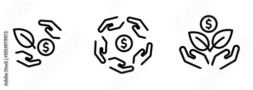 investment hand with money coin and leaves tree icon set illustration line outline stroke symbol of mutual fund money management portfolio wealth financial planning