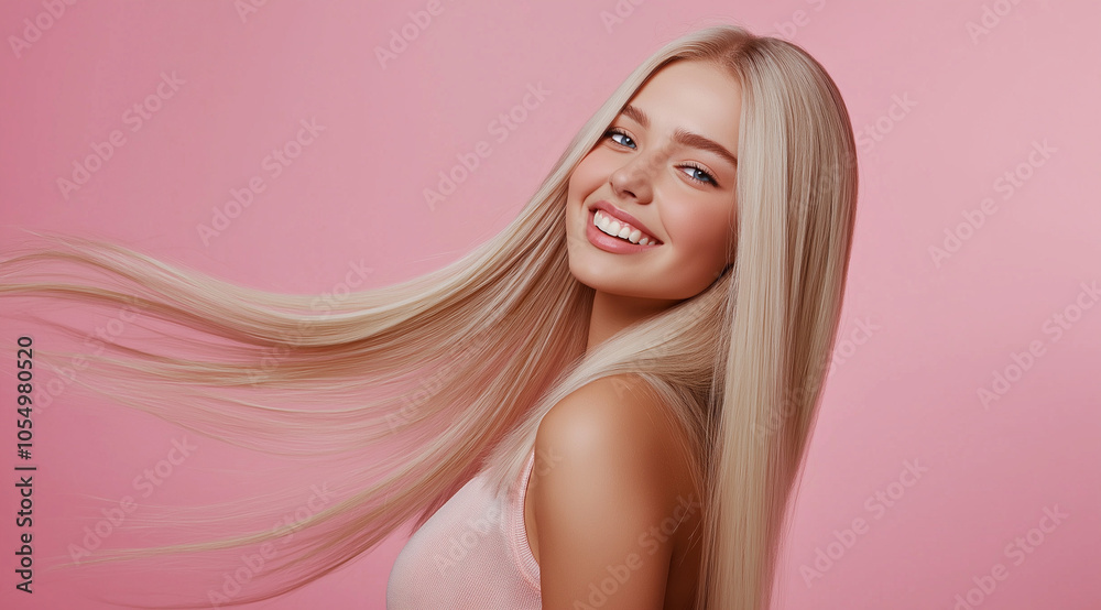 Radiant blonde woman with glossy, honey-blonde hair and a warm smile, standing against a light pink background to showcase her straight, flowing hairstyle Radiant blonde woman with glossy, honey-blonde hair and a warm smile, standing against a light pink background to showcase her straight, flowing hairstyle