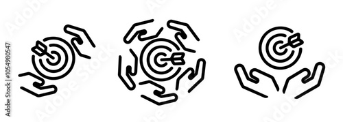 organization company target dart and hands icon set illustration line outline stroke symbol of business objective