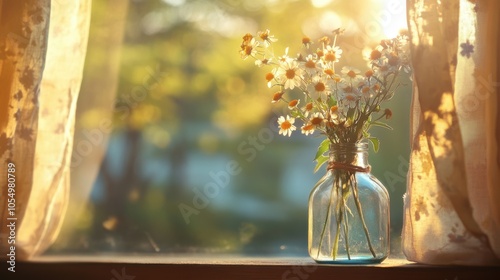 A rustic glass bottle filled with wildflowers, placed on a cozy, sunlit windowsill