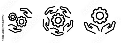 gear cogs cogwheel and hand icon set illustration line outline stroke symbol of automation engineering mechanical service collaboration teamwork