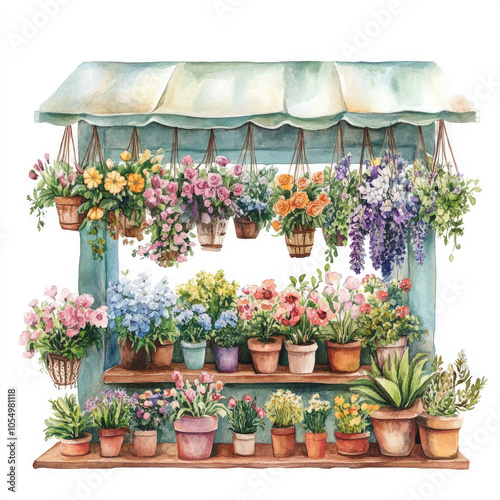 Fototapeta Naklejka Na Ścianę i Meble -  A charming watercolor illustration of a flower stand with various potted plants and colorful flowers hanging in pots.