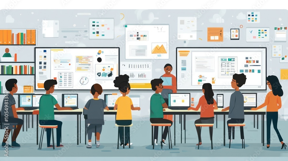 A multi-ethnic team working in a digital classroom that integrates sustainability into the learning environment. A multi-ethnic team working in a digital classroom that integrates sustainability into the learning environment.