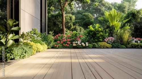 A spacious outdoor terrace with light wooden flooring, adorned with vibrant green plants