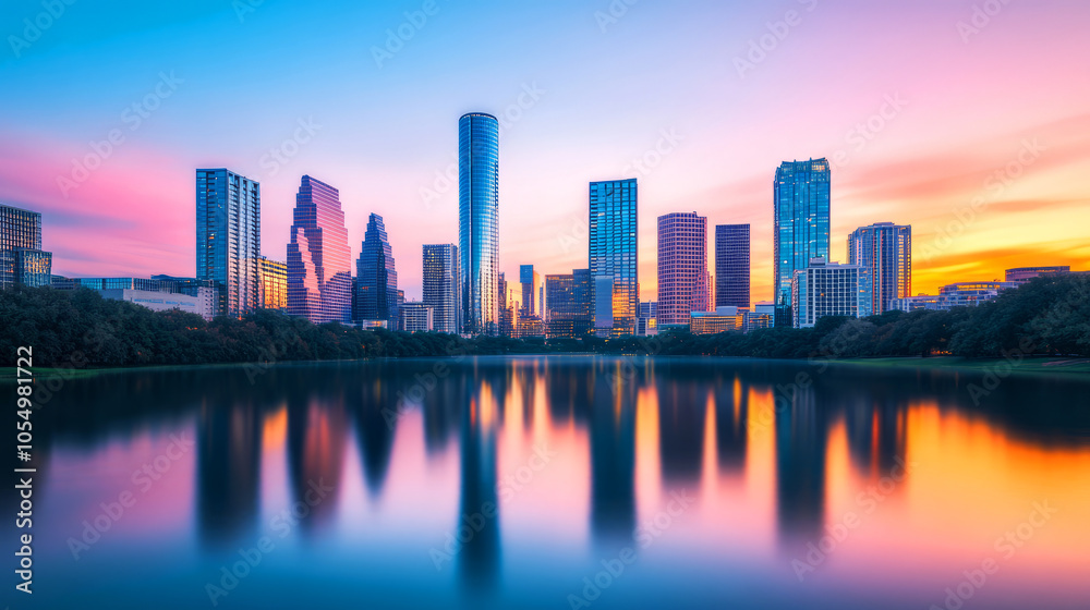 Fototapeta premium Stunning Night Scene of City Skyline Reflections