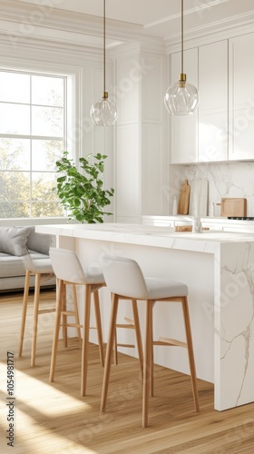 Modern White Kitchen with Island and Living Room View