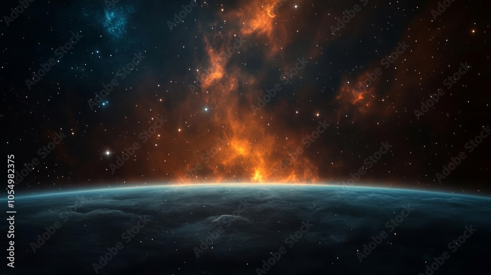 Fototapeta premium Deep space nebula with glowing orange and blue hues, celestial star formations, vast galaxy expanse