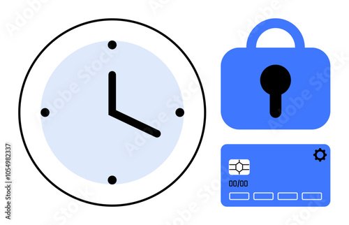 Minimalistic design with a clock wireframe, padlock, and chip credit card. Ideal for time management, data security, financial security, privacy protection, online transactions. Blue black colors