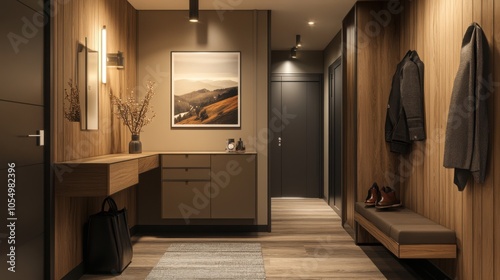 A stylish modern hallway with a warm wooden decor, including a functional desk, a sleek stand,