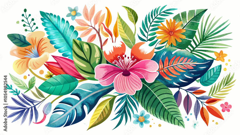 Fototapeta premium Watercolour Floral Art Flower Pattern Background Colorful Leaves Watercolor Pattern On The White Background Cute Print Botanic Composition Set Of Green Leaves Of Tropical Plants Illustration