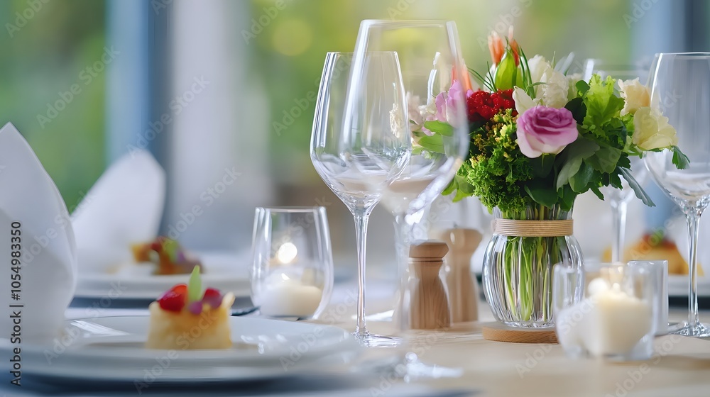 Elegant dining setting with floral centerpiece Elegant dining setting with floral centerpiece