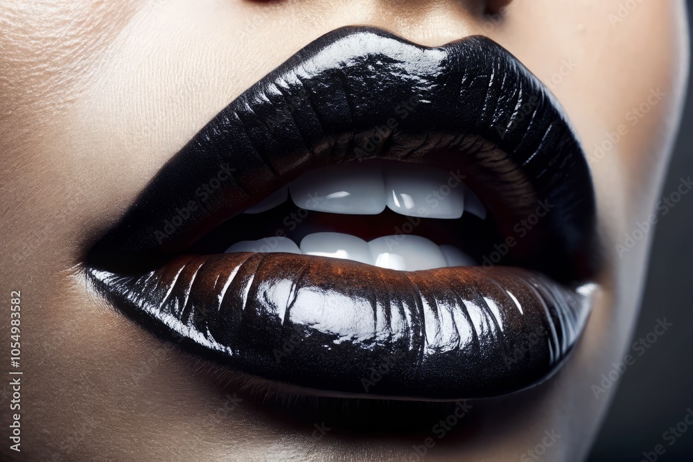 A dramatic close-up of shiny black lips, enhanced with reflective lighting, embodies a striking futuristic fashion statement while showcasing contemporary makeup artistry and high fashion trends. A dramatic close-up of shiny black lips, enhanced with reflective lighting, embodies a striking futuristic fashion statement while showcasing contemporary makeup artistry and high fashion trends.