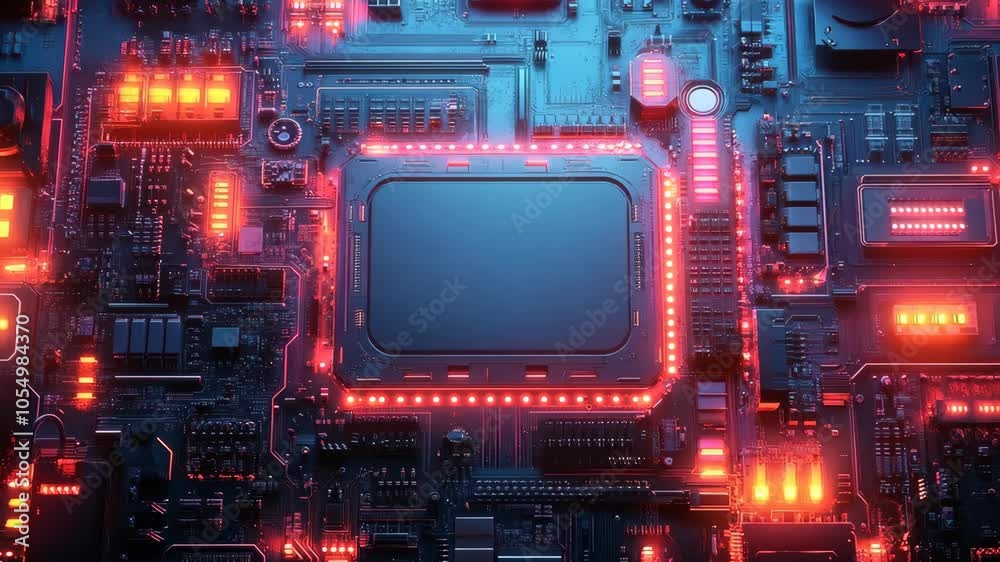 A close-up of a computer chip with neon red and pink lights highlighting its structure. The illuminated circuitry gives the chip a futuristic, high-tech feel, symbolizing the power of modern technolog A close-up of a computer chip with neon red and pink lights highlighting its structure. The illuminated circuitry gives the chip a futuristic, high-tech feel, symbolizing the power of modern technolog
