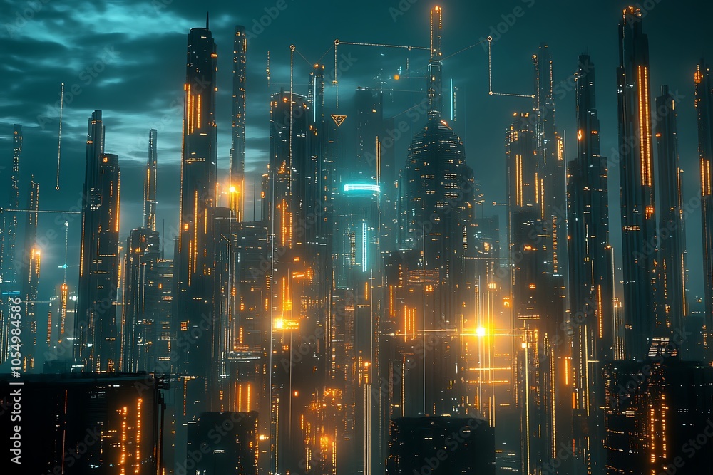 Fototapeta premium Futuristic Cityscape with Neon Lights