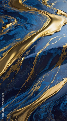 Abstract Flowing Waves of Shimmering Liquid Gold Against a Deep Midnight Blue Background Creating a Luxurious and Dynamic Visual Contrast