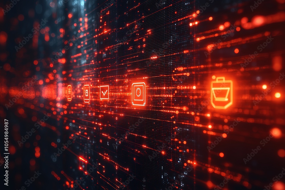 Obraz premium Abstract digital background with glowing icons representing data flow and processing.