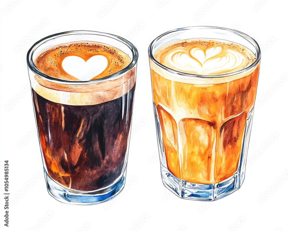 Description:** Two glasses of coffee, one black with a heart design and the other creamy, showcasing beautiful latte art.