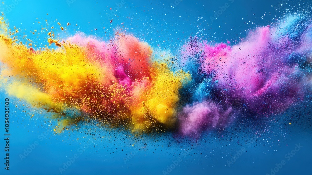 A detailed shot of colorful Holi powder being thrown in the air, creating a beautiful cloud of colors against the sky. A detailed shot of colorful Holi powder being thrown in the air, creating a beautiful cloud of colors against the sky.