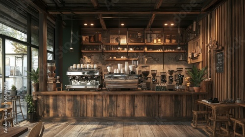 interior with rustic wooden elements, classic coffee machinery, and a cozy atmosphere