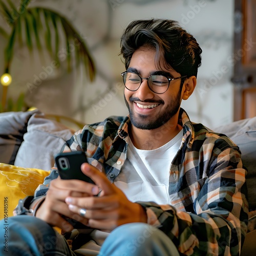 A handsome businessman smiling while holding a smartphone in an office setting