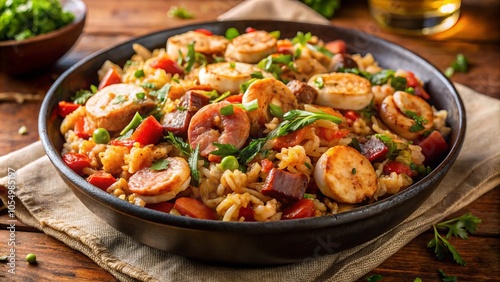 Aerial shot of classic jambalaya featuring chicken, sausage, and shrimp. Vibrant, flavorful rice dish captured in long exposure for stunning culinary photography.