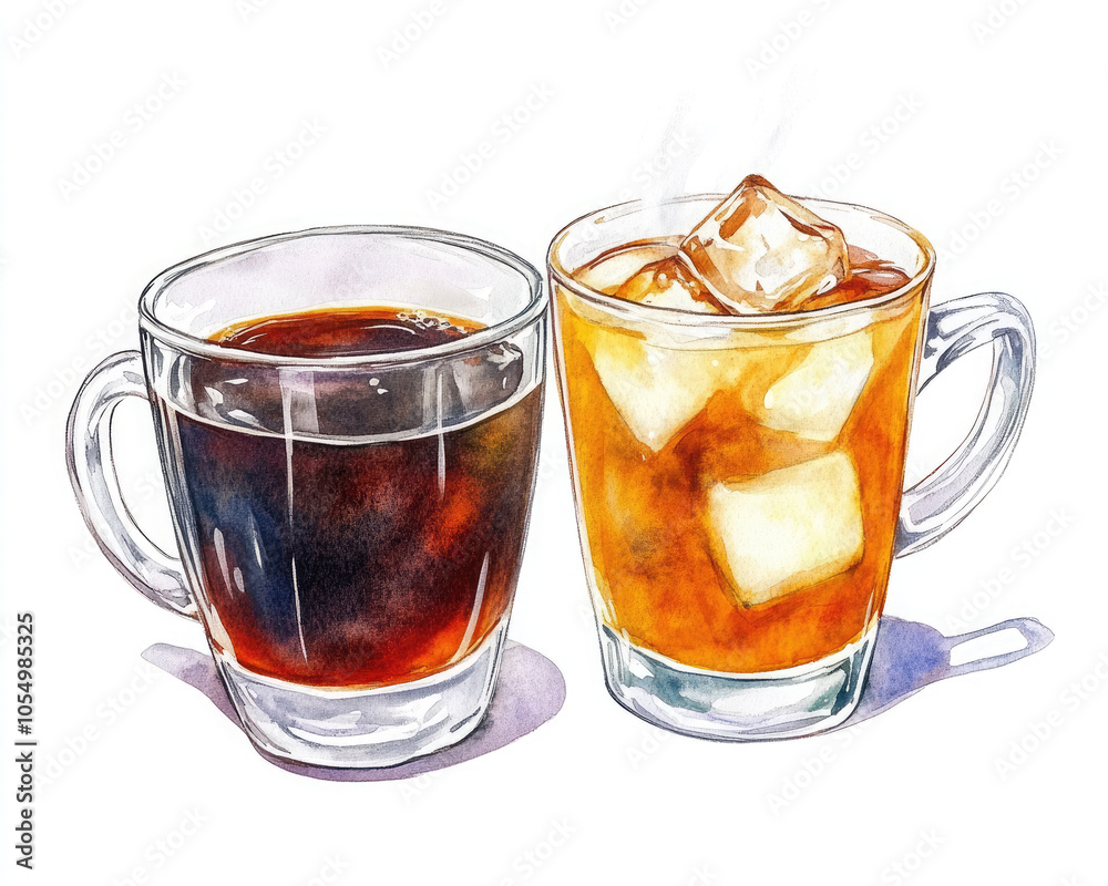 Two clear glasses of cold beverages: one filled with black coffee and the other with iced coffee featuring ice cubes for a refreshing touch. Two clear glasses of cold beverages: one filled with black coffee and the other with iced coffee featuring ice cubes for a refreshing touch.