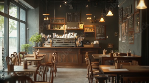 with vintage wooden furniture, warm lighting, and classic coffee counter