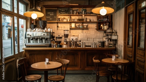 with vintage wooden furniture, warm lighting, and classic coffee counter