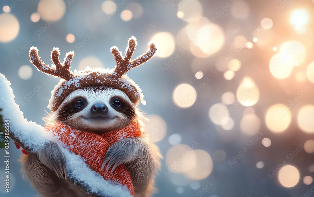 Fototapeta premium A festive sloth wearing reindeer antlers and a cozy scarf, set against a dreamy winter background.