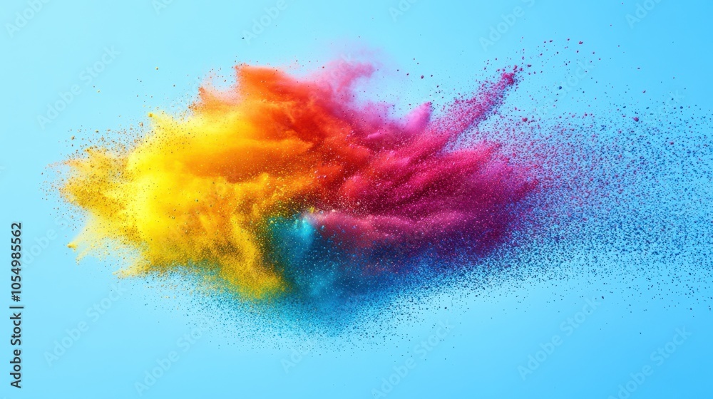 A detailed shot of colorful Holi powder being thrown in the air, creating a beautiful cloud of colors against the sky. A detailed shot of colorful Holi powder being thrown in the air, creating a beautiful cloud of colors against the sky.