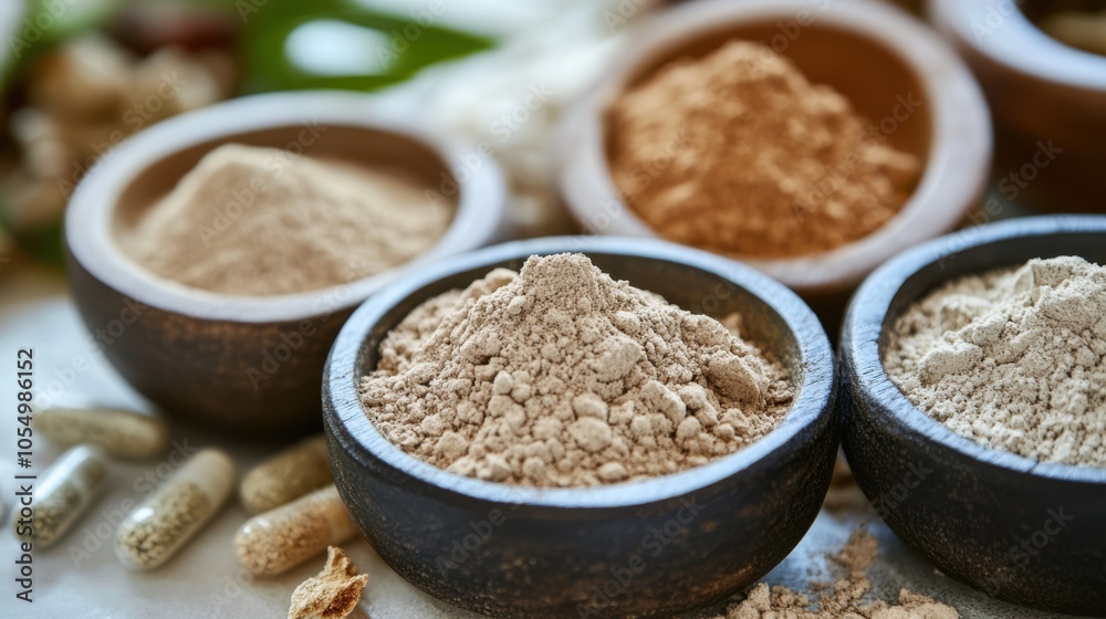 Close-up of Thai herbal remedies with their powdered forms isolated on a transparent Close-up of Thai herbal remedies with their powdered forms isolated on a transparent