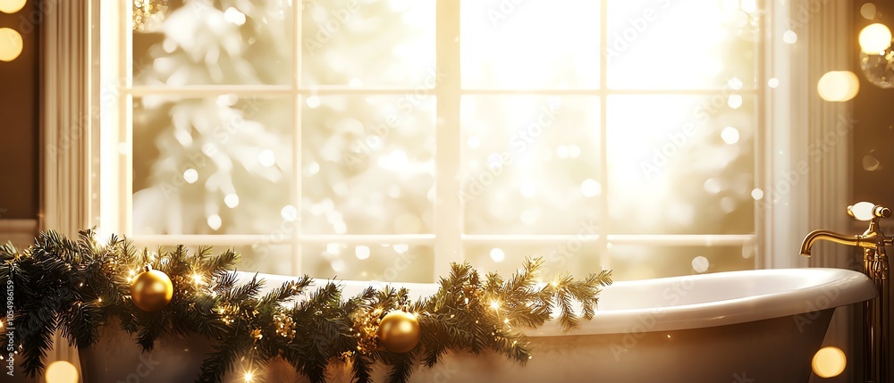 Cozy bathroom scene with a glowing window, adorned with festive decor, creating a warm and inviting atmosphere.
