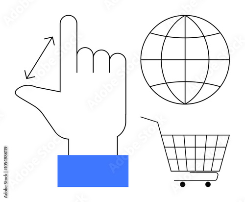 Finger in swiping gesture, globe symbol, and shopping cart. Ideal for e-commerce, global network, digital marketing, online shopping, and user interface design. Minimalist vector style