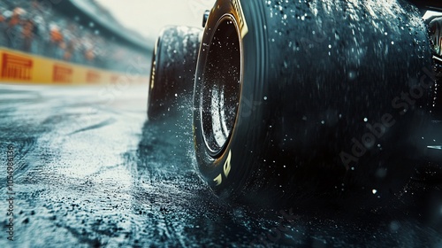 Close-up of F1 Tires on Wet Asphalt Track