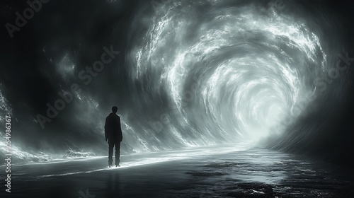 A lone figure stands at the edge of a swirling, ethereal portal, bathed in a soft, ethereal glow.