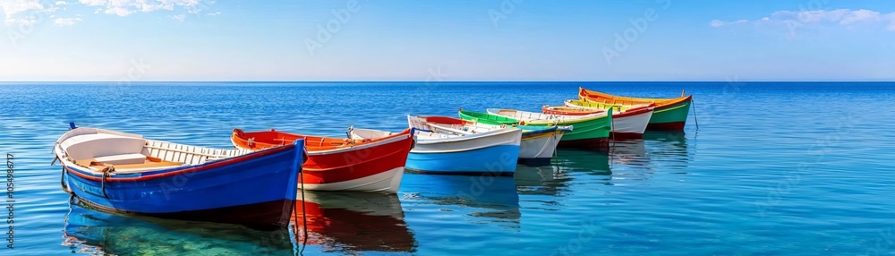Clear lake with reflections of blue skies and a few brightly colored boats, adding a sense of joy and serenity to the water Clear lake with reflections of blue skies and a few brightly colored boats, adding a sense of joy and serenity to the water
