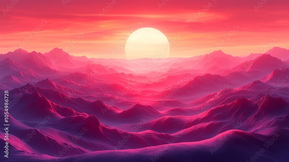 A vibrant sunset over rolling mountains, creating a serene and dreamlike landscape.
