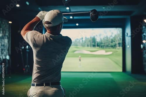 Closeup of a professional male golfer practicing in an indoor golf simulator with training screen photo