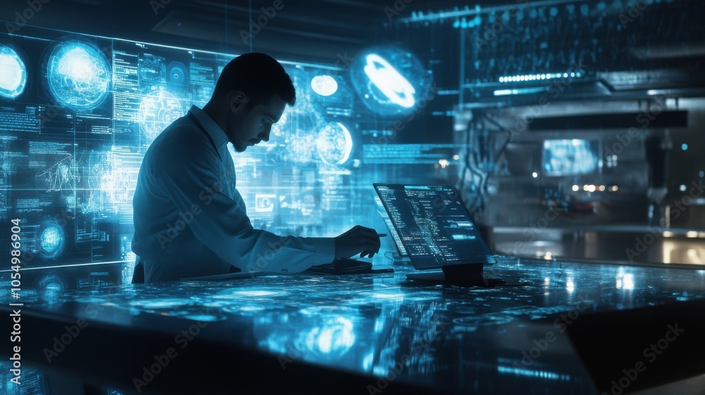 Dedicated developer writing code for autonomous AI, in a high-tech lab filled with Dedicated developer writing code for autonomous AI, in a high-tech lab filled with