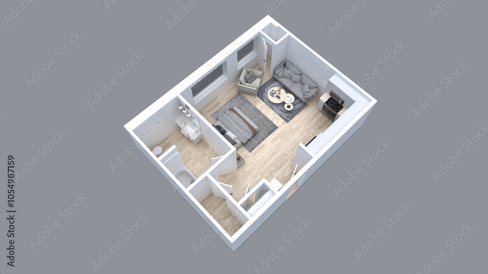 3d floor plan rendering for One bedroom ,kitchen, living , and Bathroom. 3d floor plan rendering for One bedroom ,kitchen, living , and Bathroom.